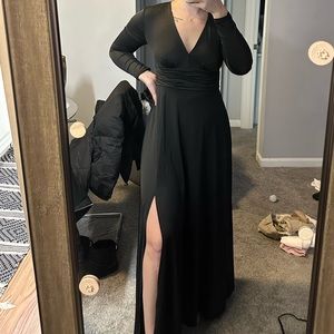 Maxi black long sleeve dress with leg slit